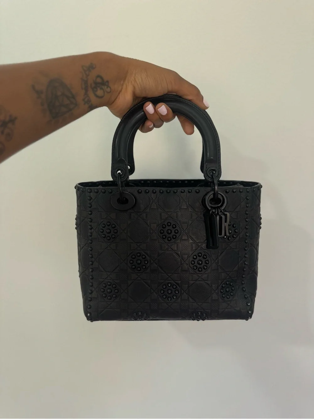Authentic Dior Lady Dior Medium Matte Black Studded 2 way Bag 2018